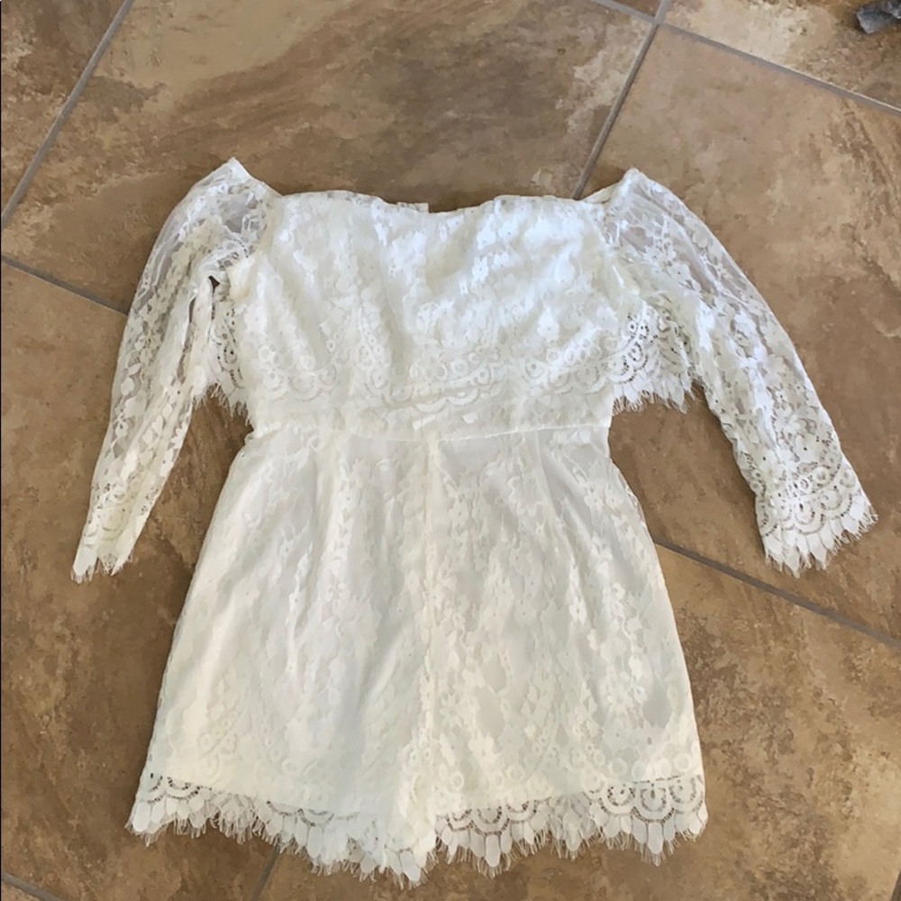 White laced off the shoulder romper